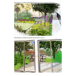Wizualizacje. Barwne przedstawienia charakterystycznych widoków ogrodu pomagają w wyobrażeniu sobie jego przyszłego wyglądu. Ledum Ogrody – projektowanie ogrodów przydomowych, projektowanie zielonych tarasów, projektowanie zielonych dachów, projektowanie ogrodów balkonowych, projektowanie małej architektury ogrodowej, doradztwo ogrodowe, warsztaty. Wrocław, Dolnośląskie.