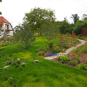 Kruków. Ogród ze stawem kąpielowym w Krukowie. Ledum Ogrody – projektowanie ogrodów przydomowych, projektowanie zielonych tarasów, projektowanie zielonych dachów, projektowanie ogrodów balkonowych, projektowanie małej architektury ogrodowej, doradztwo ogrodowe, warsztaty. Wrocław, Dolnośląskie.